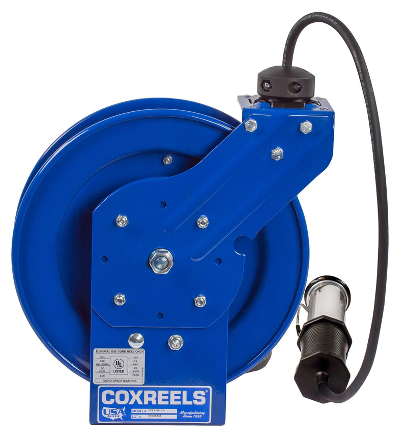 PC13-5016-H by Coxreels | PC Series | Spring Driven Power Cord Reel with Industrial Duty LED Light | 16/3 SJTO Cord, 13A, 115V | Steel | 50ft Cord Included