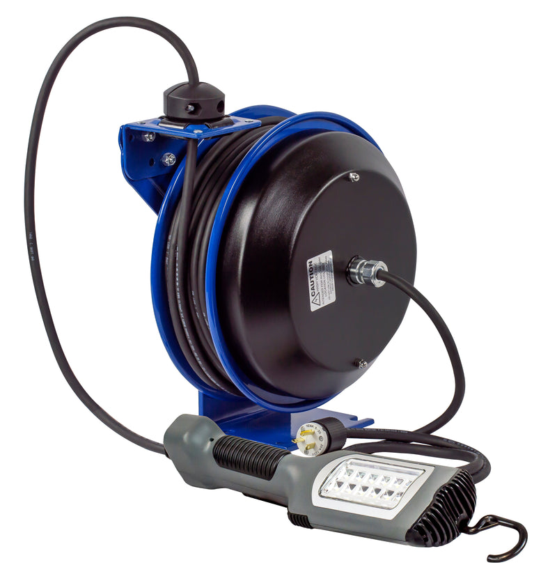 PC13-5016-K by Coxreels | PC Series | Spring Driven Power Cord Reel with LED Light with Tool Tap | 16/3 SJTO Cord, 13A, 115V | Steel | 50ft Cord Included