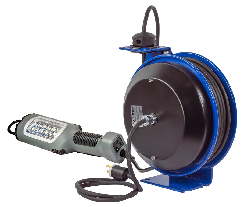 PC13-5016-K by Coxreels | PC Series | Spring Driven Power Cord Reel with LED Light with Tool Tap | 16/3 SJTO Cord, 13A, 115V | Steel | 50ft Cord Included