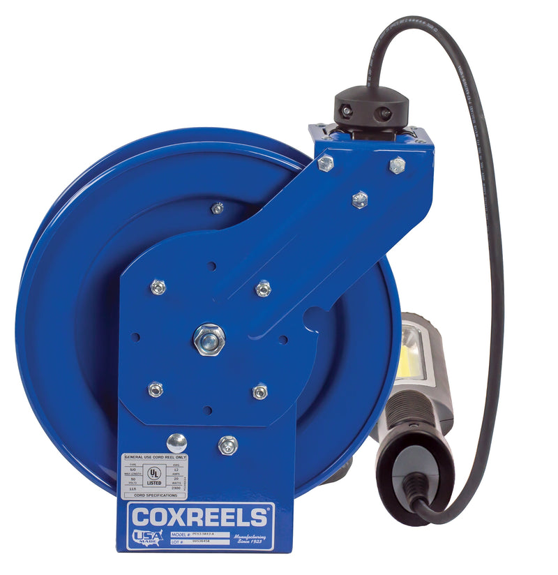 PC13-5016-M by Coxreels | PC Series | Spring Driven Power Cord Reel with Compact LED Light | 16/3 SJTO Cord, 13A, 115V | Steel | 50ft Cord Included