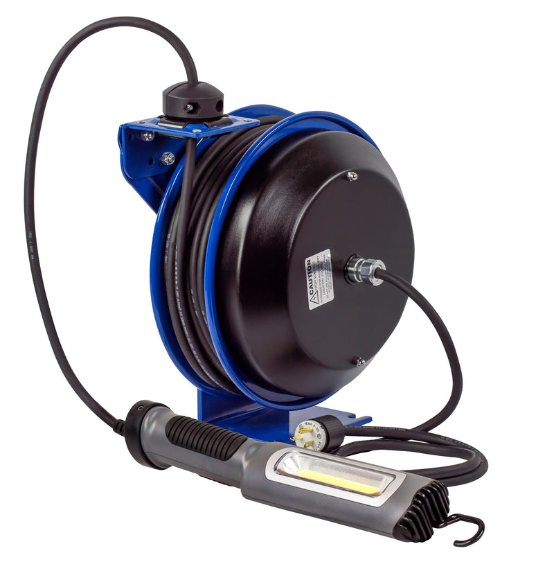 PC13-5016-M by Coxreels | PC Series | Spring Driven Power Cord Reel with Compact LED Light | 16/3 SJTO Cord, 13A, 115V | Steel | 50ft Cord Included