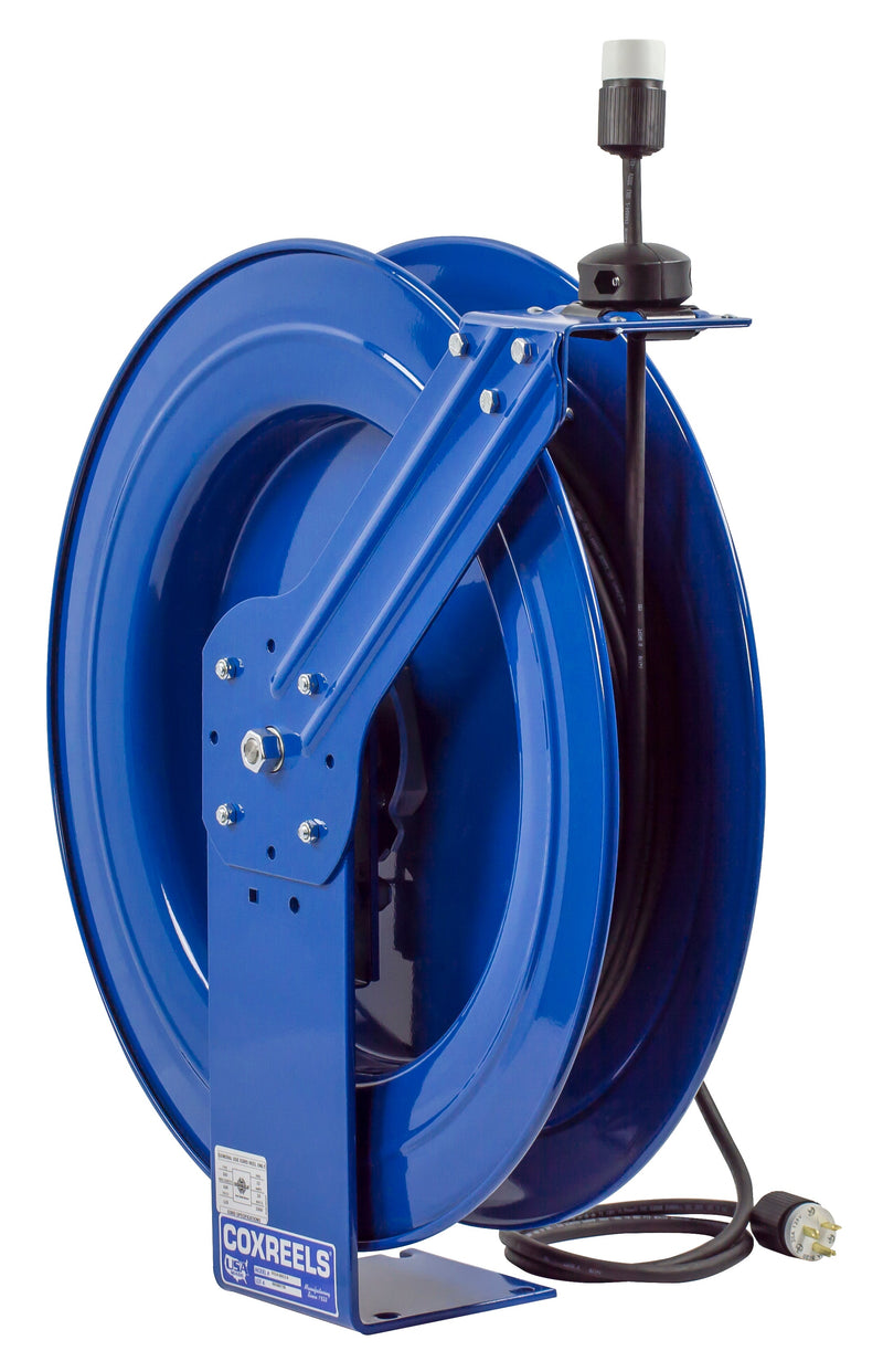 PC24-0016-A by Coxreels | PC Series | Spring Driven Power Cord Reel with Single Industrial Receptacle | 16/3 SJO Cord, 13A, 115V | Steel | 100ft Cord Included