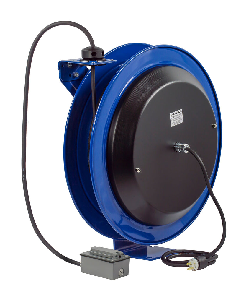 PC24-0012-F by Coxreels | PC Series | Spring Driven Power Cord Reel with Duplex Industrial Receptacle | 12/3 SJO Cord, 20A, 115V | Steel | 100ft Cord Included