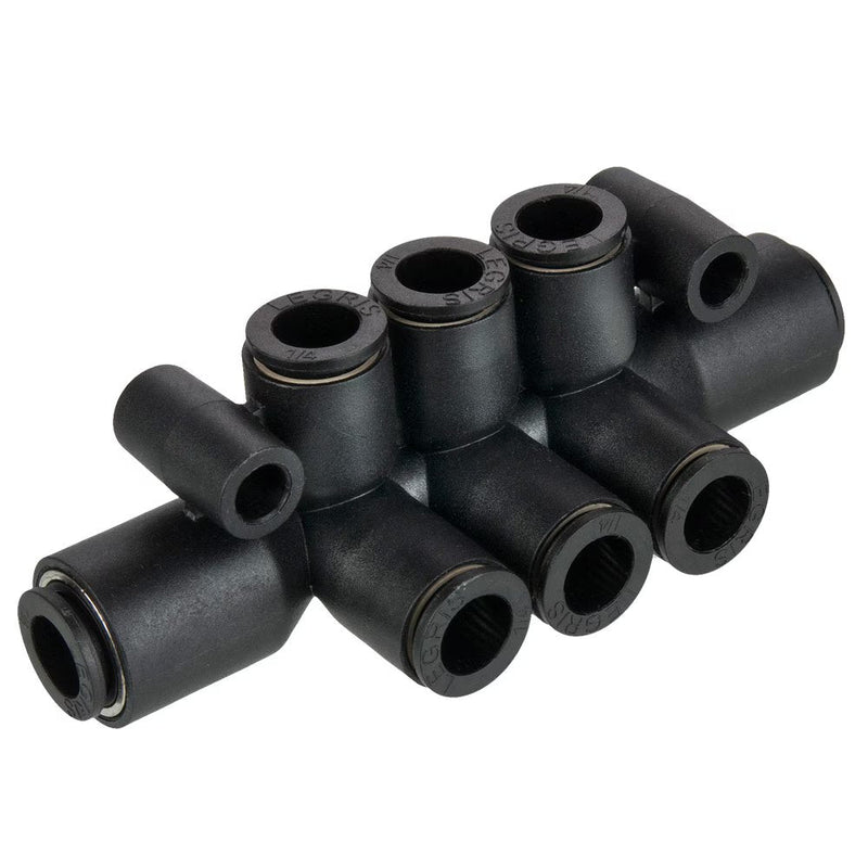 24PLPD-4-4 by Parker | Prestolok PLP Composite Push-to-Connect Fittings | Tube to Tube Fittings | 1/4" Manifold Tube Size | 2.84" Length (L) | .17" Mounting Hole Diameter | Multiple Tee | Glass-Reinforced Nylon | Pack of 5