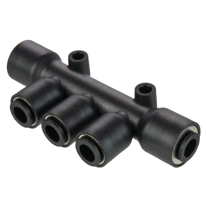 24PLP-6M-4M by Parker | Prestolok PLP Composite Push-to-Connect Fittings | Tube to Tube Fittings | 6mm to 4mm Double Manifold Tube Size | 74mm Length (L) | 4.2mm Mounting Hole Diameter | Multiple Tee | Glass-Reinforced Nylon | Pack of 10