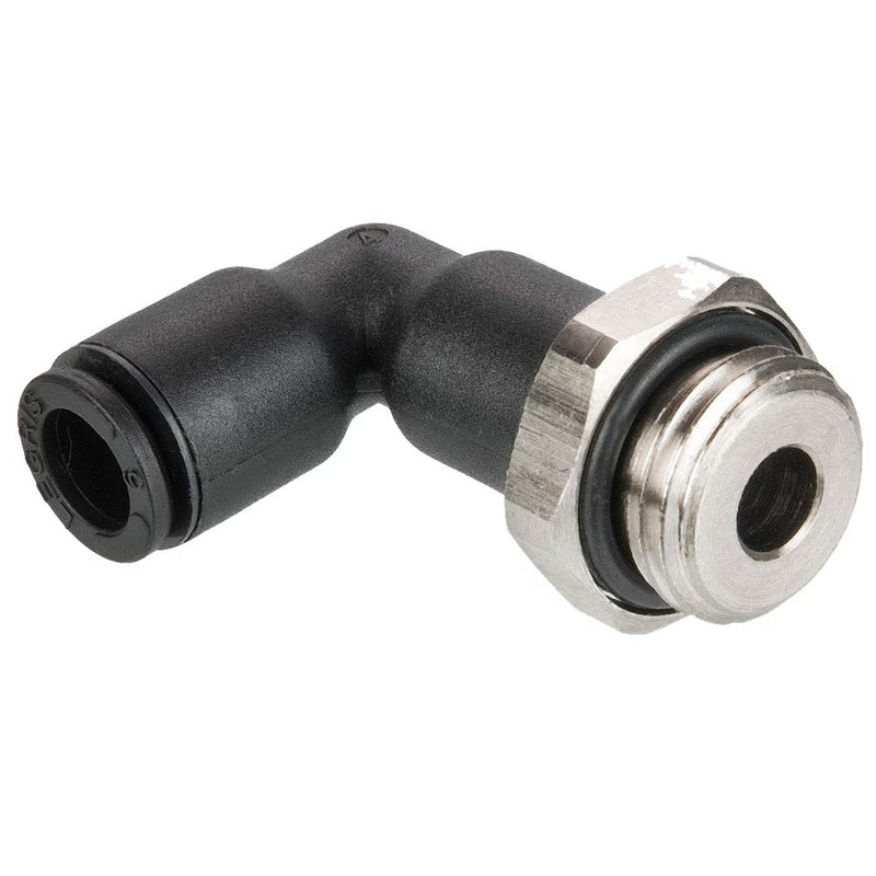 369PLPX-4M-M5 by Parker | Prestolok PLP Composite Push-to-Connect Fittings | Thread Fitting | 4mm Extended x M5X0.8 Male M5 Thread | 8mm Hex | 90° Long Elbow | Glass-Reinforced Nylon | Pack of 10