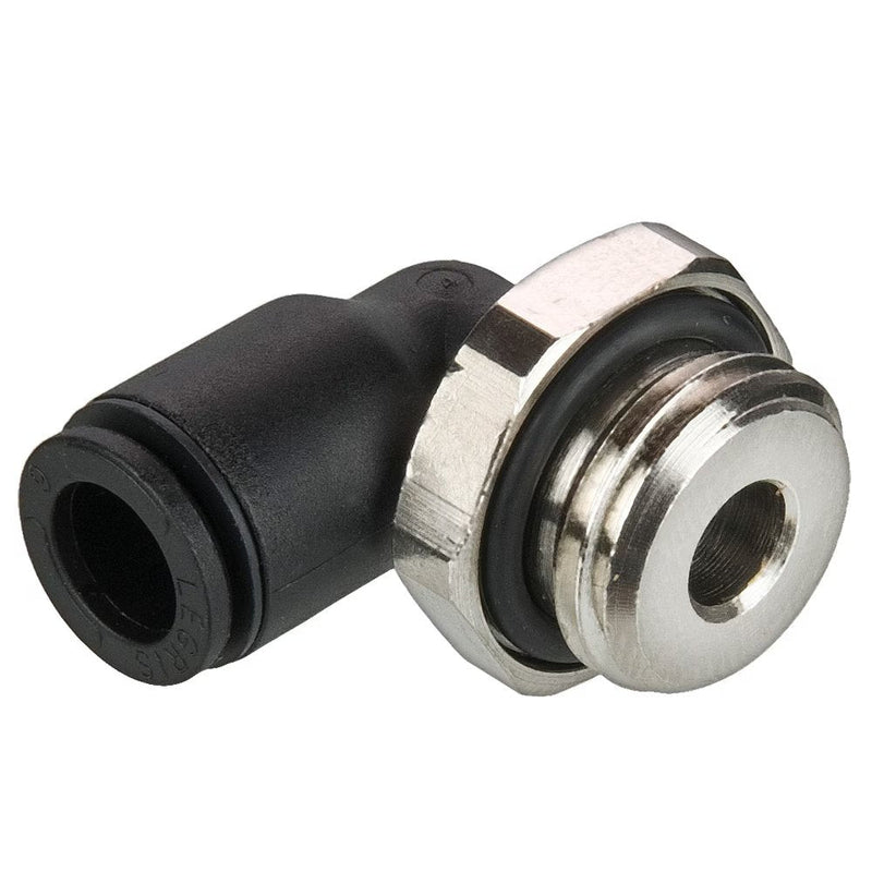 369PLP-6M-M5 by Parker | Prestolok PLP Composite Push-to-Connect Fittings | Thread Fitting | 6mm Push-to-Connect x M5X0.8 Male M5 Thread | 8mm Hex | 16mm Length | 90° Elbow | Glass-Reinforced Nylon | Pack of 10