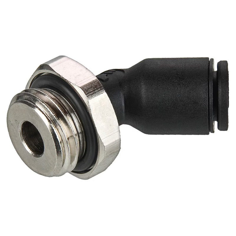 379PLP-10M-8G by Parker | Prestolok PLP Composite Push-to-Connect Fittings | Thread Fitting | 10mm Tube Size x 1/2" Male BSPP Thread | 24mm Hex | 23mm Length (L) | 45° Elbow | Glass-Reinforced Nylon | Pack of 10