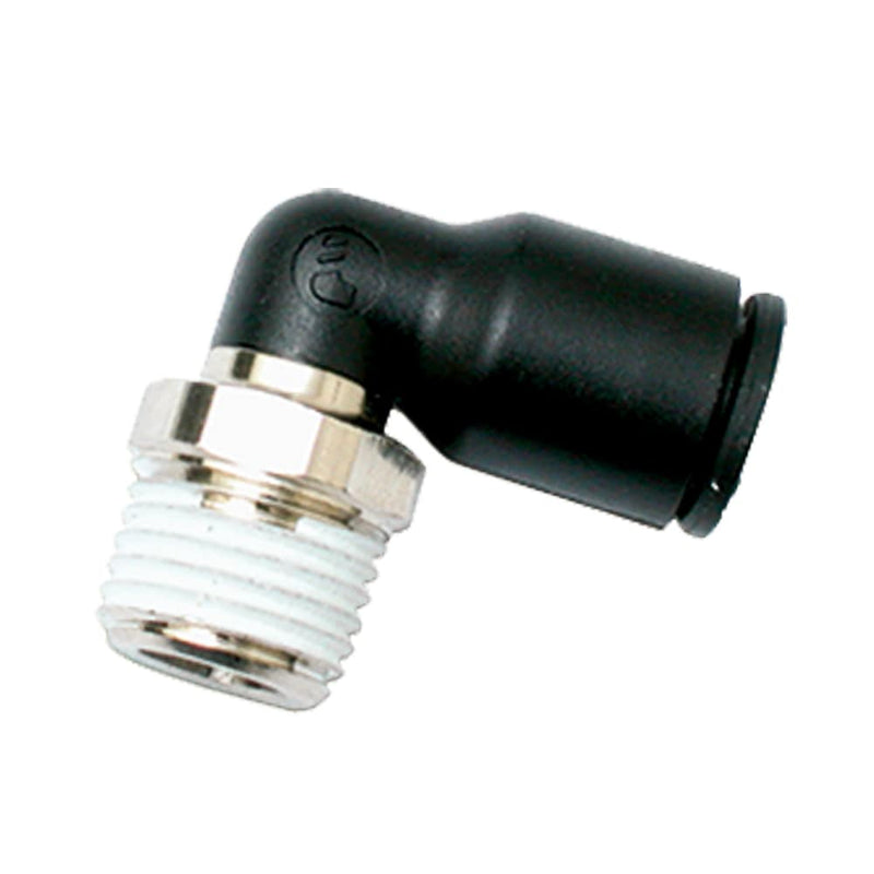 W369PLP-8M-6 by Parker | Prestolok PLP Composite Push-to-Connect Fittings | Thread Fitting | 8mm Tube Size x 3/8" Male NPT Thread | 18mm Hex | .73" Length | 90° Elbow | Glass-Reinforced Nylon | Pack of 500