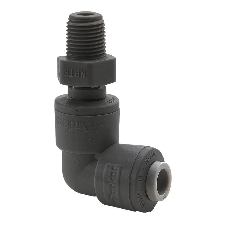 PPB4MES4-MG by Parker | TrueSeal™ Threaded Fittings | 1/4" Swivel Tube OD x 1/4" Male NPTF Thread | 90° Elbow | Black | Polypropylene