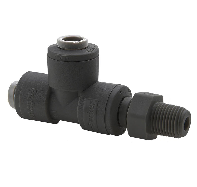 PPB4MRS4-MG by Parker | TrueSeal™ Threaded Fittings | 1/4" Tube OD x 1/4" Male NPTF Thread | 2.48" Length | Tee | Black | Polypropylene