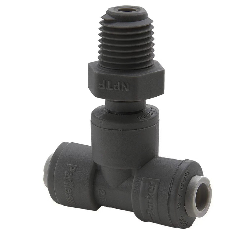 PPB4MTS4-MG by Parker | TrueSeal™ Threaded Fittings | 1/4" Swivel Tube OD x 1/4" Male NPTF Thread | 2.05" Length | Tee | Black | Polypropylene