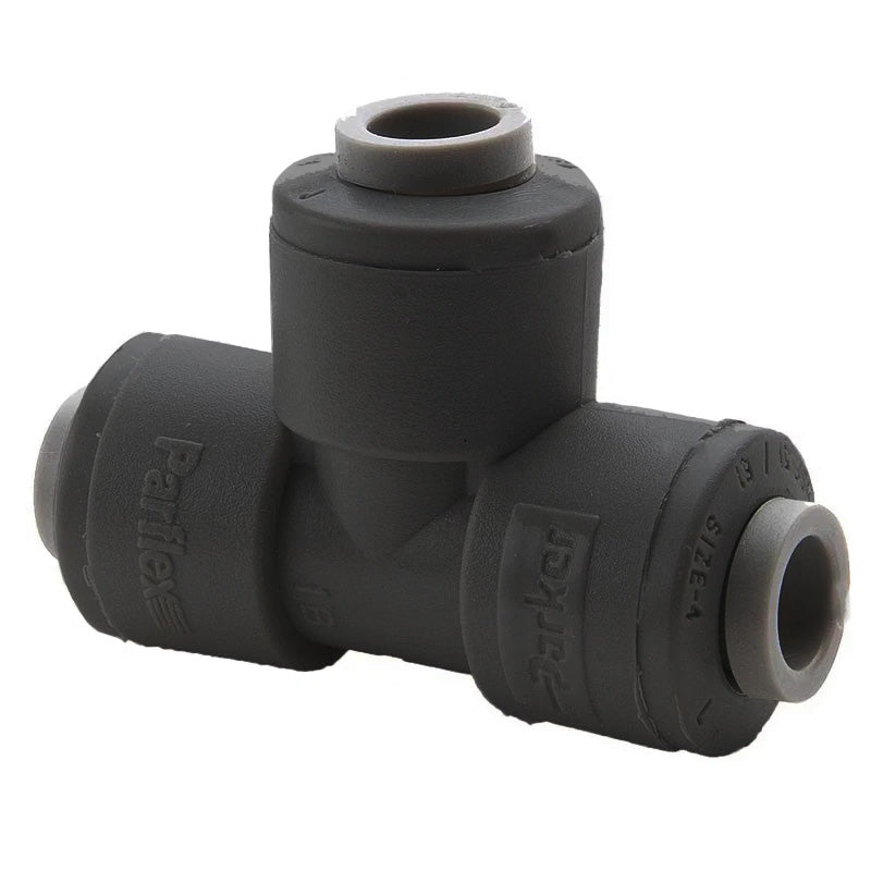 PPB4TU4-MG by Parker | TrueSeal™ Tube to Tube Union Fitting | 1/4" Push-to-Connect x 1/4" Push-to-Connect | 1.62" Length | Tee | Black | Polypropylene