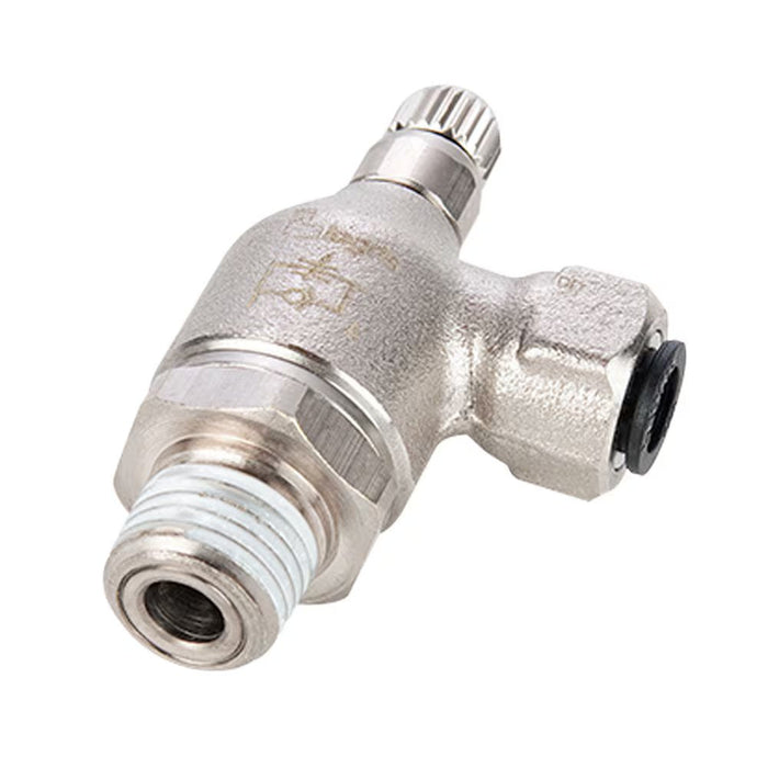 7105 56 14 by Parker | Legris Flow Control Regulator | 1/4" Push-to-Connect x 1/4" Female NPT Thread | 19 mm Hex | 90° Elbow | Nickel-Plated Brass