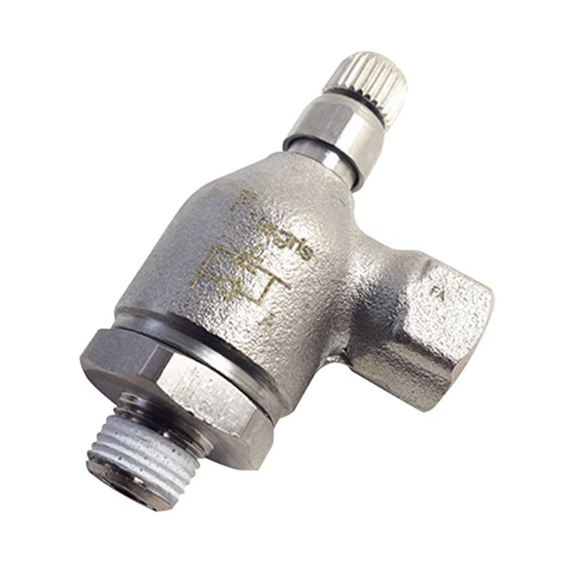 7115 11 11 by Parker | Legris Metal Flow Control | 1/8" Male NPT Thread x 1/8" Female NPT Thread | 19 mm Hex (F) | 10 mm Hex (F1) | 90° Elbow | Nickel-Plated Brass