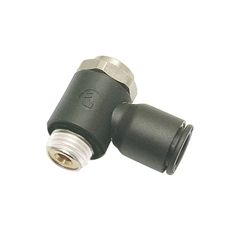 7016 56 11 by Parker | Legris Knobless Compact Flow Control - Meter In | 1/4" Push-to-Connect x 1/8" Male NPT Thread | 13 mm Hex | 90° Elbow | Nylon