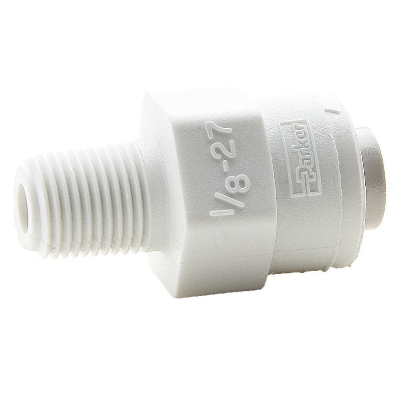 PP4MC4 by Parker | TrueSeal™ Threaded Fittings | 1/4" Connector x 1/4" Male NPTF Thread | 11/16" Hex | 1.14" Length | Straight | White | Polypropylene