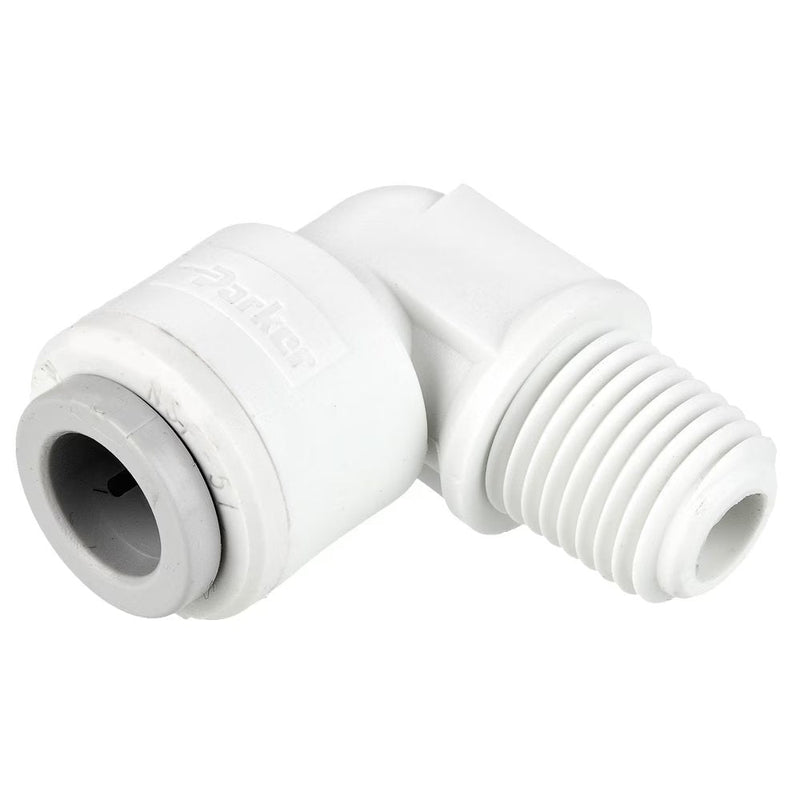 PP4ME6 by Parker | TrueSeal™ Threaded Fittings | 1/4" Push-to-Connect x 3/8" Male NPTF Thread | 90° Elbow | White | Polypropylene