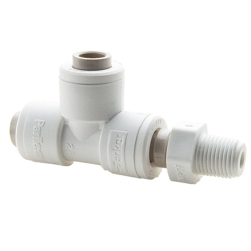 PP4MRS4 by Parker | TrueSeal™ Threaded Fittings | 1/4" Swivel Tube OD x 1/4" Male NPTF Thread | 2.48" Length | Tee | White | Polypropylene