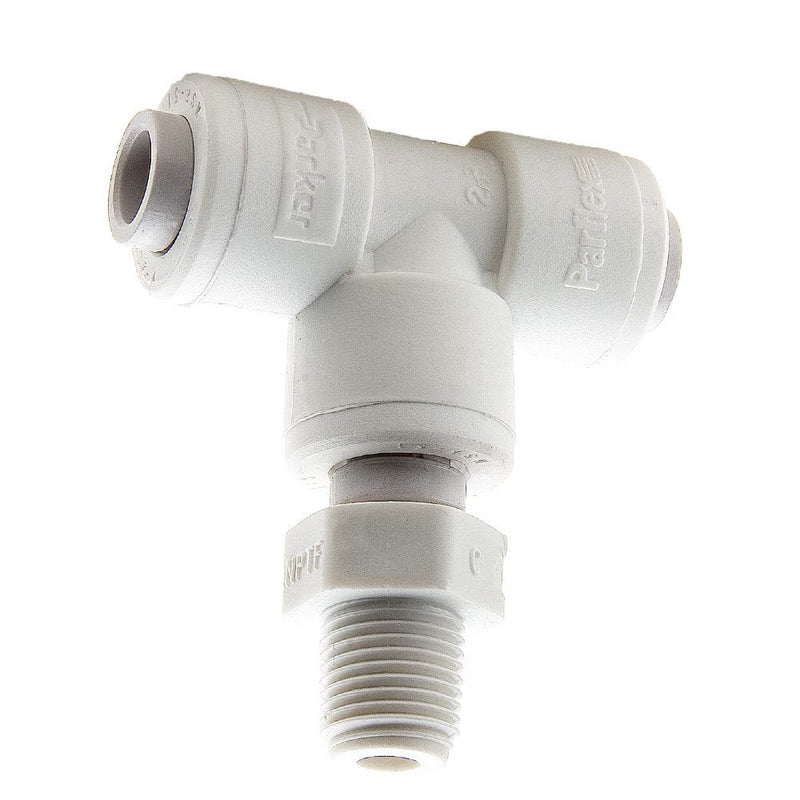 PP4MTS4 by Parker | TrueSeal™ Threaded Fittings | 1/4" Swivel Tube OD x 1/4" Male NPTF Thread | 2.05" Length | Tee | White | Polypropylene