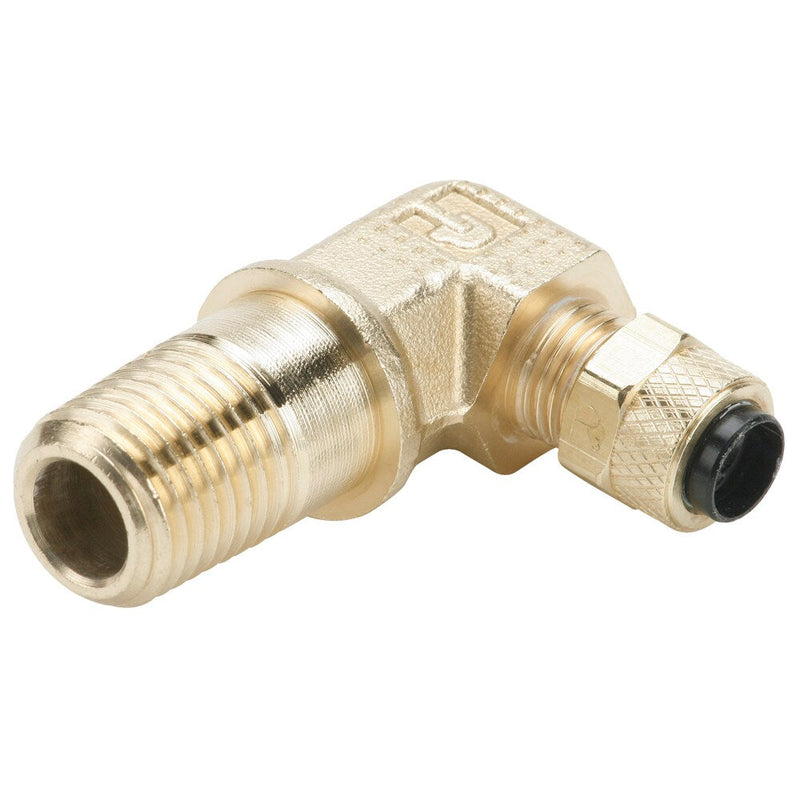 169LP-4-4 by Parker | Poly-Tite Fittings | 1/4" Tube Size x 1/4" Male Pipe Thread x 3/8" Thread | 90° Long Elbow | Brass | Pack of 10