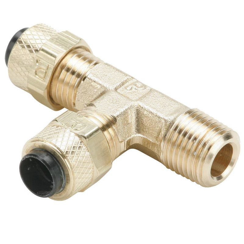 171P-4-4 by Parker | Poly-Tite Fittings | 1/4" Tube Size x 1/4" Male Pipe Thread x 3/8" Thread | 1.84" Length | Tee | Brass | Pack of 10