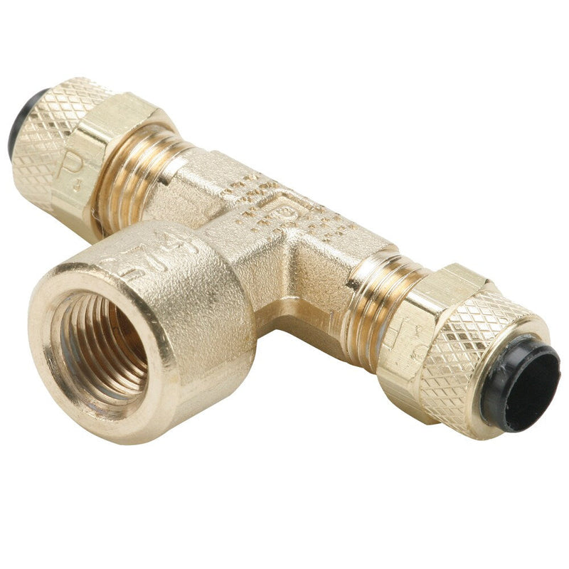 177P-4-2 by Parker | Poly-Tite Fittings | 1/4" Tube Size x 1/8" Female Pipe Thread x 3/8" Thread | 1.84" Length | Tee | Brass | Pack of 5