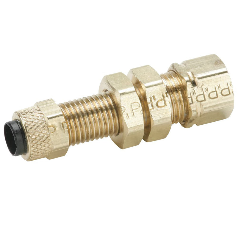 62PCABH-6 by Parker | Poly-Tite Fittings | Bulkhead Union | 3/8" Tube Size x 1/2" to 9/16" Thread | 11/16" Hex | 2.03" Length | Straight | Brass | Pack of 10