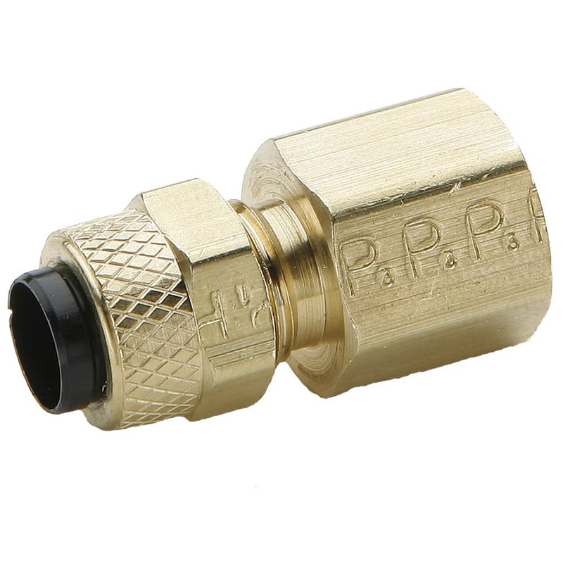 66P-4-2 by Parker | Poly-Tite Fittings | 1/4" Tube Size Connector x 1/8" Female Pipe Thread x 3/8" Thread | 9/16" Hex | .97" Length | Straight | Brass | Pack of 10
