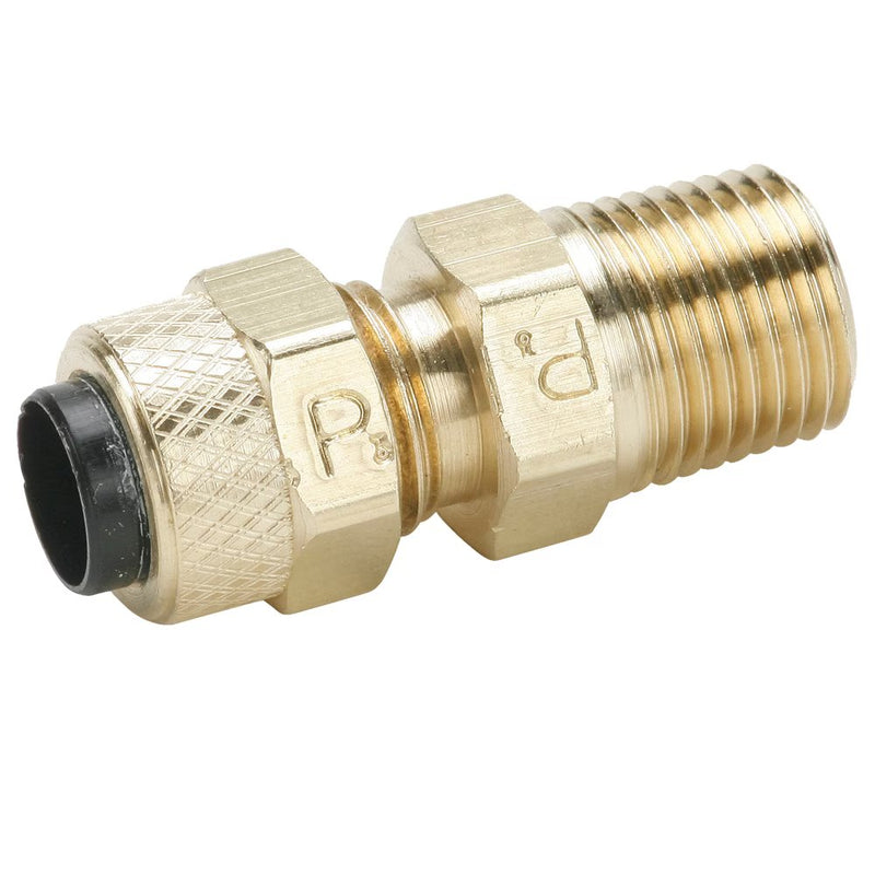 68P-5-4 by Parker | Poly-Tite Fittings | 5/16" Tube Size Connector x 1/4" Male Pipe Thread x 7/16" Thread | 9/16" Hex | 1.24" Length | Straight | Brass | Pack of 10