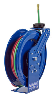 P-WTL-125 by Coxreels | P-W Series | 200 PSI Dual Hose Spring Driven Hose Reel for Oxy-Fuel Welding (T-Grade) | 1/4" Hose ID, 1/4" FNPT Inlet | Steel | 25ft Capacity, Hose Not Included