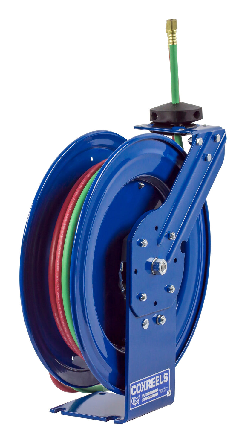 P-WT-125 by Coxreels | P-W Series | 200 PSI Dual Hose Spring Driven Hose Reel for Oxy-Fuel Welding (T-Grade) | 1/4" Hose ID, 1/4" FNPT Inlet x 1/4" MNPT Hose End | Steel | 25ft Neoprene Hose Included