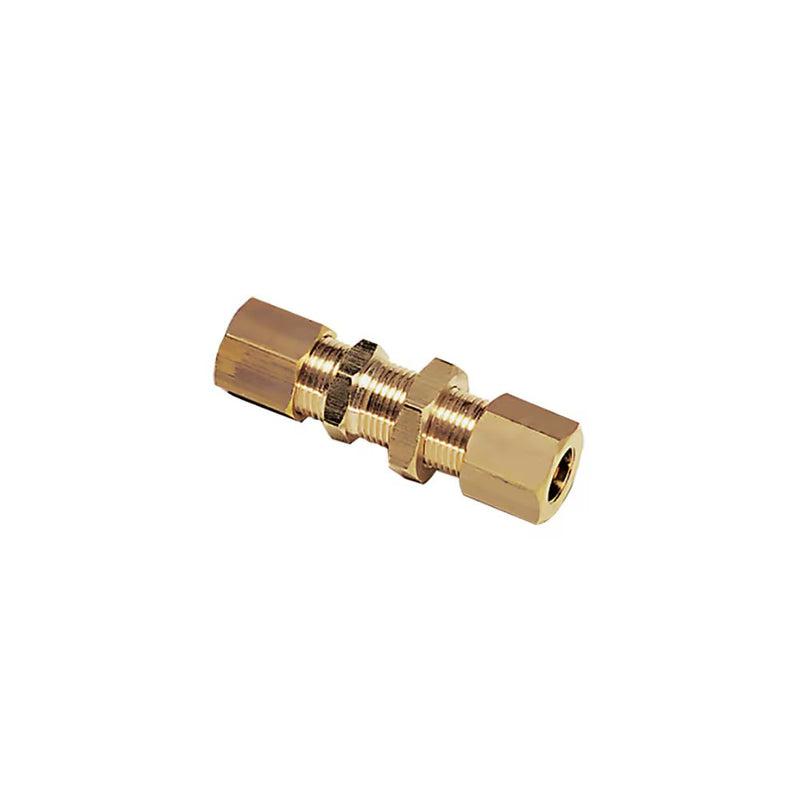 0116 18 00 by Parker | Legris Bulkhead Connector | 18 mm Tube Size | 27 mm Hex (F) | 30 mm Hex (F1) | 30 mm Hex (F2) | 70 mm Length | Straight | Brass