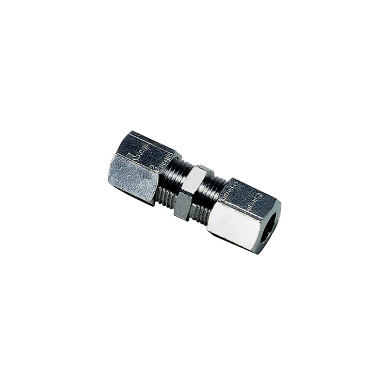1806 08 00 by Parker | Legris Tube-to-Tube Connector | 8 mm Tube Size x 8 mm Tube Size | 13 mm Hex (F) | 14 mm Hex (F1) | 38.5 mm Length | Straight | 316L Stainless Steel