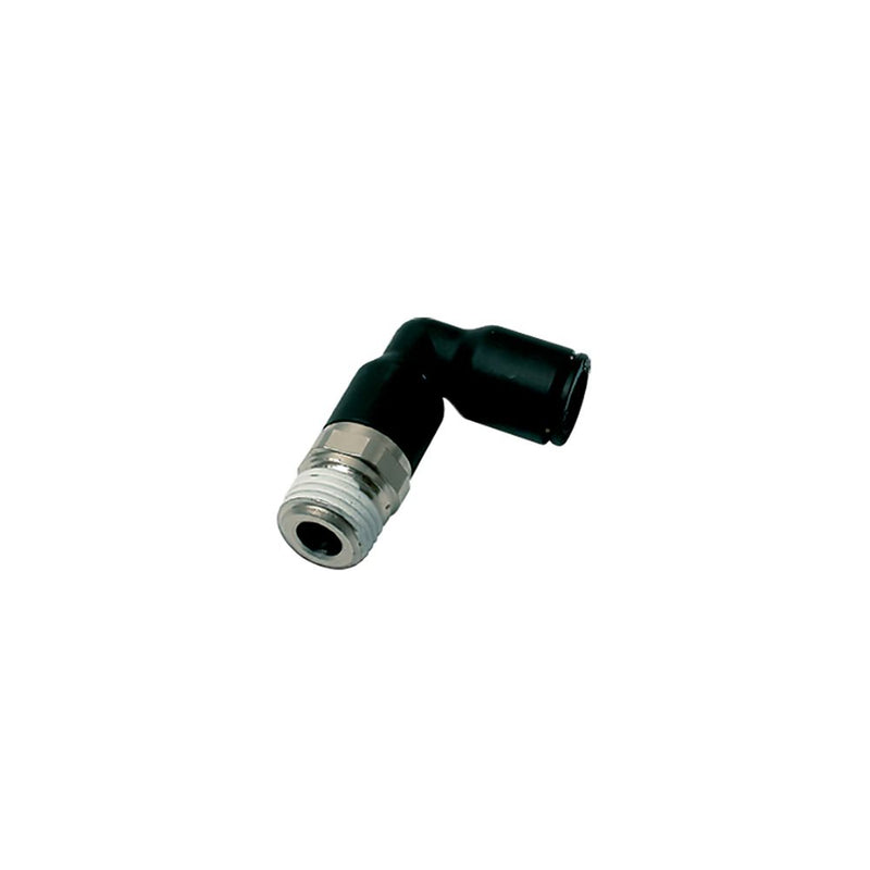 3129 08 10 by Parker | Legris Stud Fitting | 8 mm Push-to-Connect x 1/8" Male Swivel BSPT Thread | 13 mm Hex | 90° Elbow | Polymer