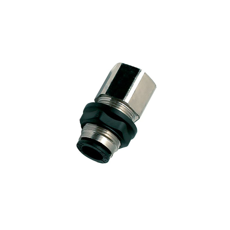 3136 08 10 by Parker | Legris Bulkhead Connector Fitting | 8 mm Push-to-Connect x 1/8" Female BSPP Thread | 18 mm Hex | Straight | Nickel-Plated Brass