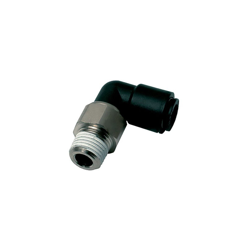 3159 56 11 by Parker | LF3000® Oscillating Swivel Fittings | 1/4" Push-to-Connect x 1/8" Male NPT Thread | 14 mm Hex | 90° Elbow | Nylon