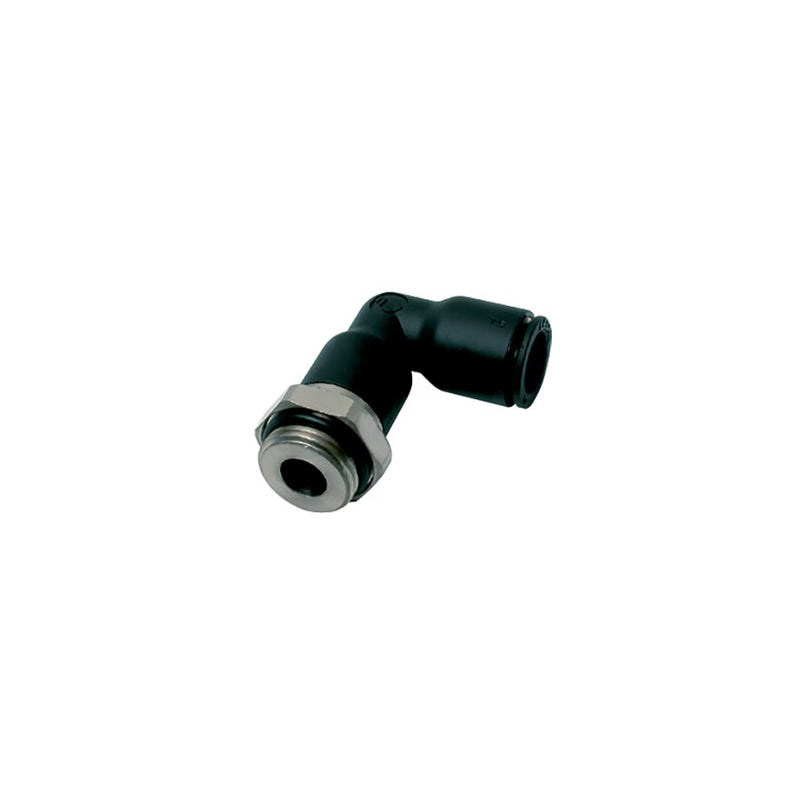 3169 53 20 by Parker | Legris Stud Fitting | 1/8" Push-to-Connect x 10-32 Male UNF Thread | 8 mm Hex | 1.11" Length | 90° Elbow | Nylon