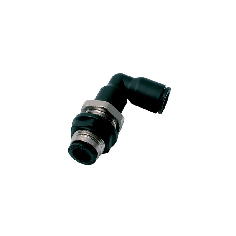 3139 62 00 by Parker | Equal Bulkhead | 1/2" Push-to-Connect x 1/2" Push-to-Connect | 29 mm Hex (F1) | 27 mm Hex (F2) | 90° Elbow | Nylon | Pack of 10