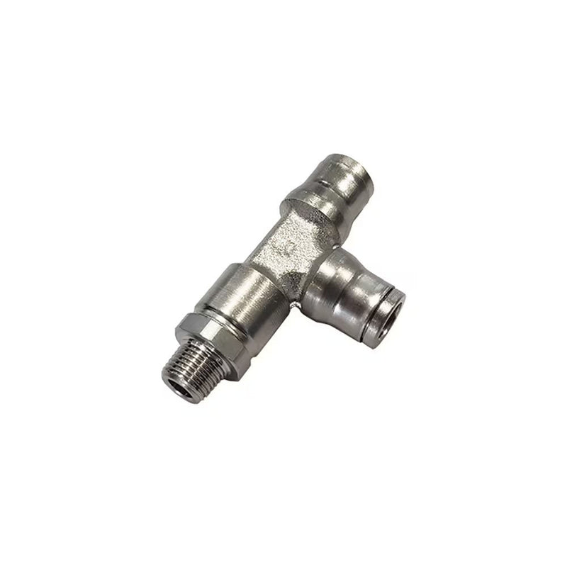 3603 60 14 by Parker | Metal Push-to-Connect Fitting | 3/8" Push-to-Connect x 3/8" Push-to-Connect x 1/4" Male NPT Thread | 18 mm Hex | 2.77" Length | Tee | Nickel-Plated Brass