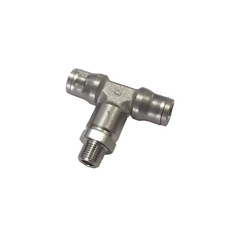 3608 60 14 by Parker | Metal Push-to-Connect Fitting | 1/8" Push-to-Connect x 1/8" Push-to-Connect x 1/8" Male NPT Thread | 18 mm Hex | Tee | Nickel-Plated Brass
