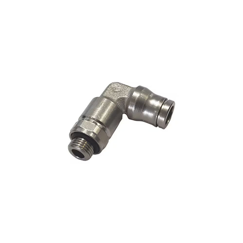 3669 04 19 by Parker | Legris Extended Stud Swivel Fitting | 4 mm Tube Size x M5x0.8 Male M5 Metric Thread | 10 mm Hex | 31 mm Length | 90° Elbow | Nickel-Plated Brass