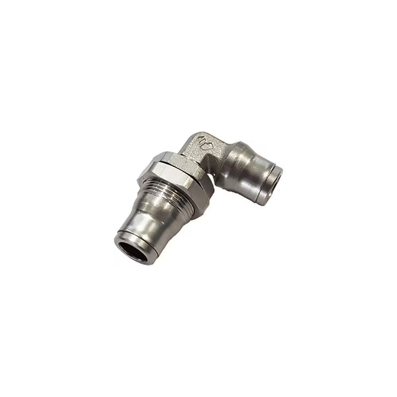 3639 10 00 by Parker | Legris Bulkhead Swivel Connector | 10 mm Tube Size | 27 mm Hex | 51 mm Length | 90° Elbow | Nickel-Plated Brass