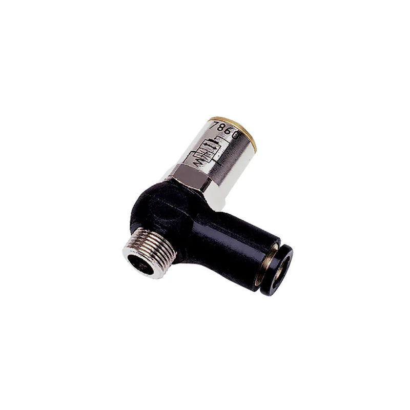 7860 08 13 by Parker | Legris Soft Start Fitting for Isolating Valve | 8 mm Tube Size x 1/4" Male BSPP Thread | 17 mm Hex | 90° Elbow | Polymer