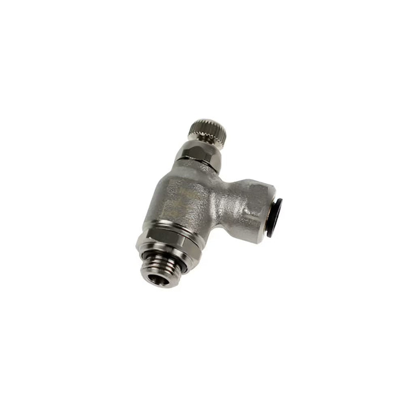 7100 08 13 by Parker | Legris Compact Flow Regulator | 8 mm Tube Size x 1/4" Male BSPP Thread | 19 mm Hex | 90° Elbow | Nickel-Plated Brass