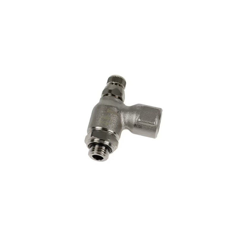 7110 10 10 by Parker | Legris Compact Flow Regulator Exhaust | 1/8" Male/Female BSPP Thread | 19 mm Hex | 90° Elbow | Nickel-Plated Brass