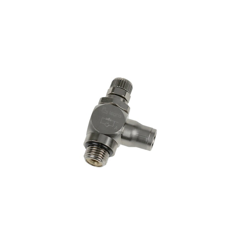 7180 06 10 by Parker | Legris Miniature Flow Regulator Exhaust | 6 mm Tube Size x 1/8" Male BSPP Thread | 13 mm Hex | 49 mm Length | 90° Elbow | Nickel-Plated Brass