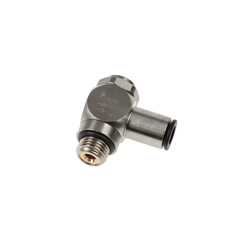 7130 06 13 by Parker | Legris Flow Regulator | 6 mm Tube Size x 1/4" Male BSPP Thread | 17 mm Hex | 90° Elbow | Nickel-Plated Brass