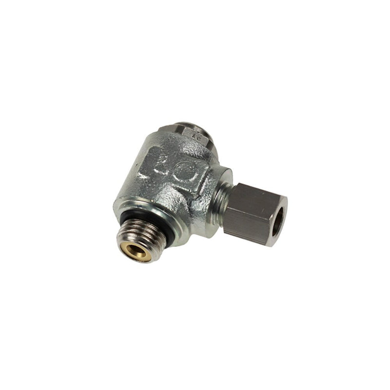 7160 06 10 by Parker | Legris Flow Regulator with Brass Compression Fitting | 6 mm Tube Size x 1/8" Male BSPP Thread | 13 mm Hex | 90° Elbow | Nickel-Plated Brass