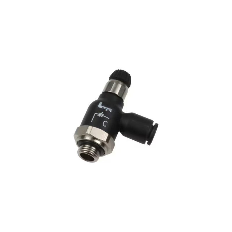 7062 06 10 by Parker | Legris Bi-Directional Compact Flow Regulator | 6 mm Tube Size x 1/8" Male BSPP Thread | 16 mm Hex | 90° Elbow | Polymer